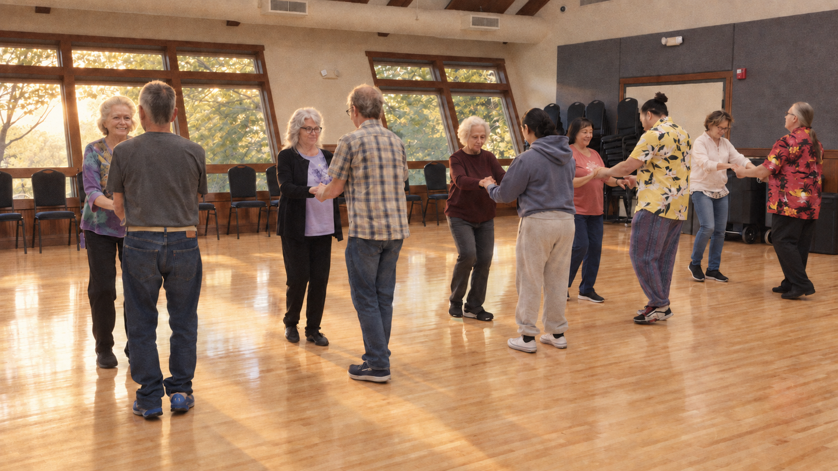 Pairs of dancers practicing together during a free Lindy Hop class at the SeaTac Community Center